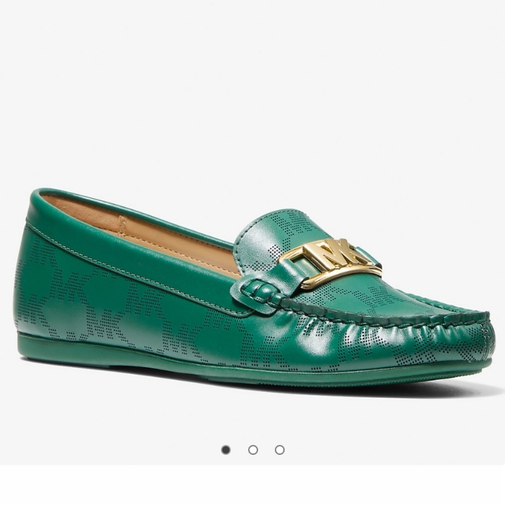 New Michael Kors Camila Logo Perforated Faux Leather Moccasin Jewel Green Size 9